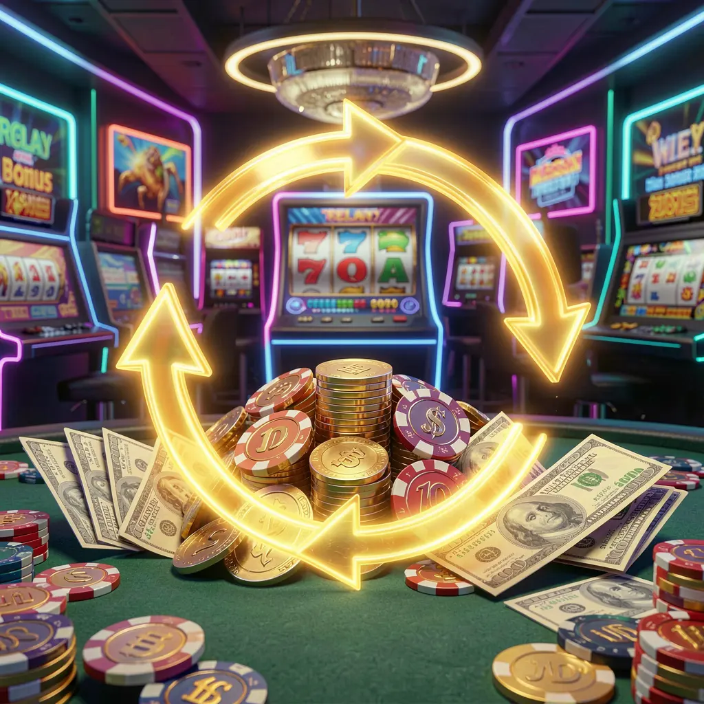 PH188 reload bonus casino visual featuring glowing circular arrows around coins, chips, and cash with a modern neon casino background in a high detail 3D render