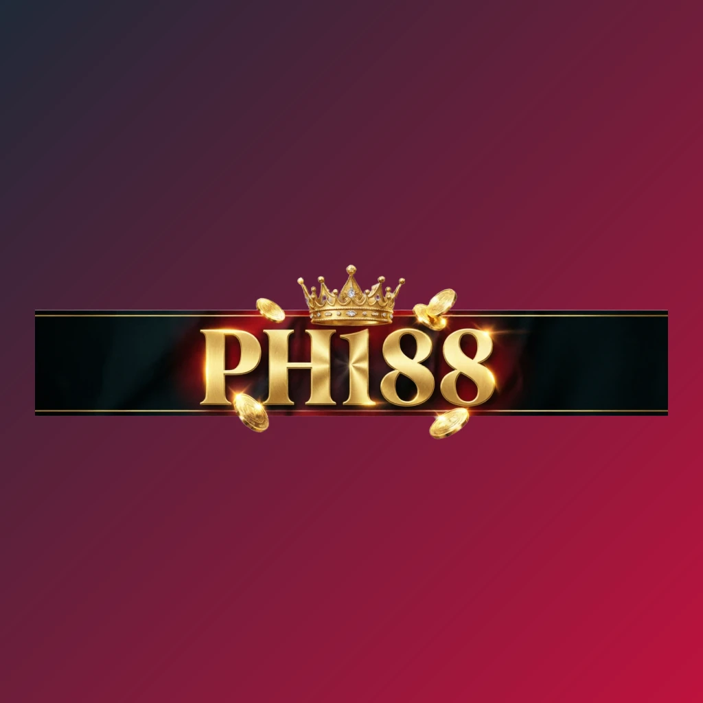 PH188 casino-style logo featuring golden letters with a crown element and sparkling coins, set in a luxury gaming atmosphere on a transparent background for a website header