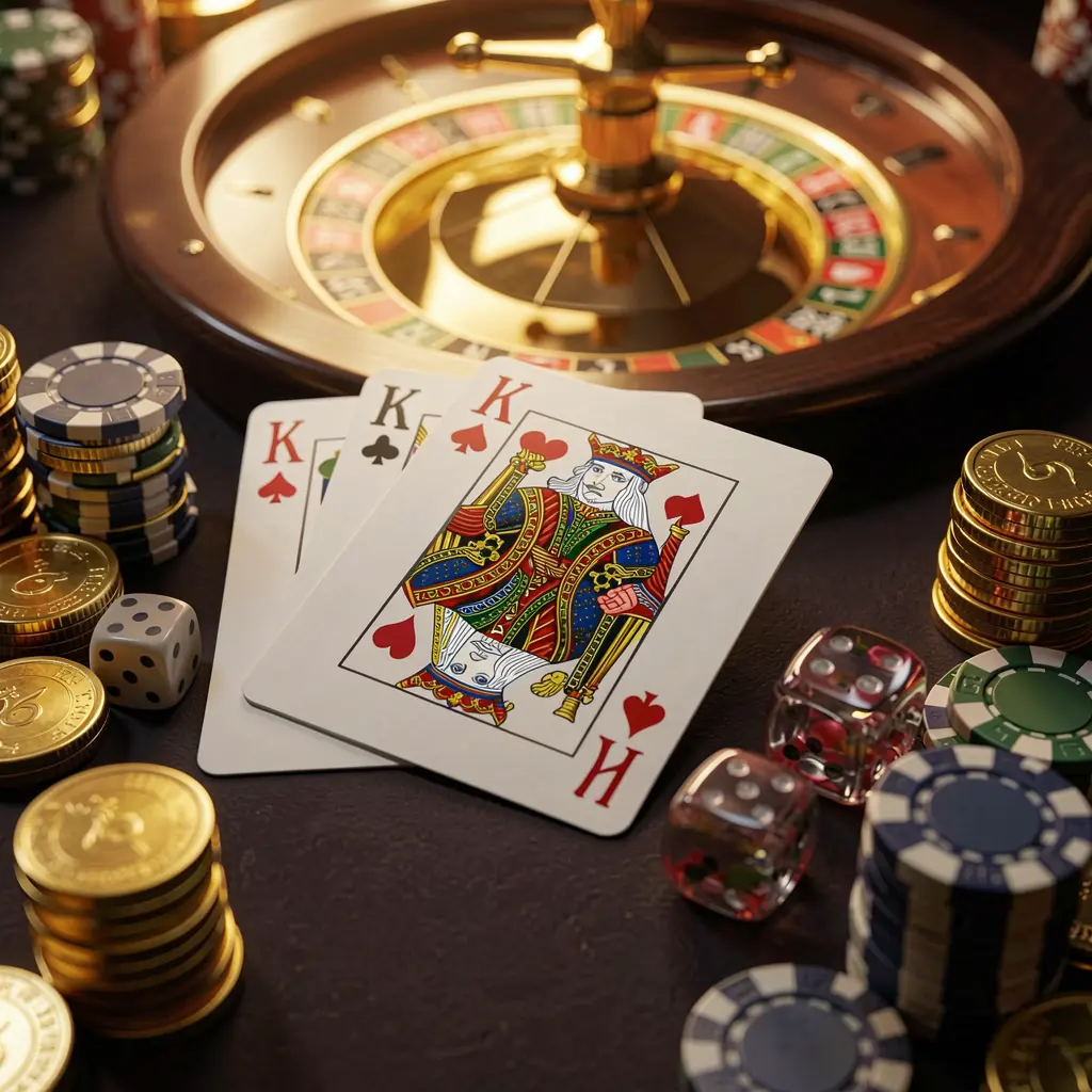 PH188 elegant online casino homepage featuring royal flush cards, dice, golden coins, and poker chips on a dark table with a glowing roulette wheel in the background in a cinematic 3D render